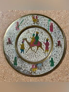Vintage Islamic Indian Hand Painted Enamel Brass Camel Elephant Royal Wall Plate